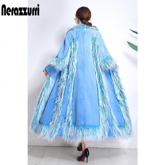 Nerazzurri brand luxury runway faux fur coat women 2021 winter high quality fashion furry Patchwork Fur outerwear large size 5x