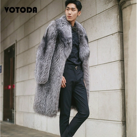 Winter Men XLong Fur Coats Fluffy Silver Fox Fur Coat Luxury Stylish Furry Warm Jacket Fake Fox Fur Outwear Male Overcoat S6XL