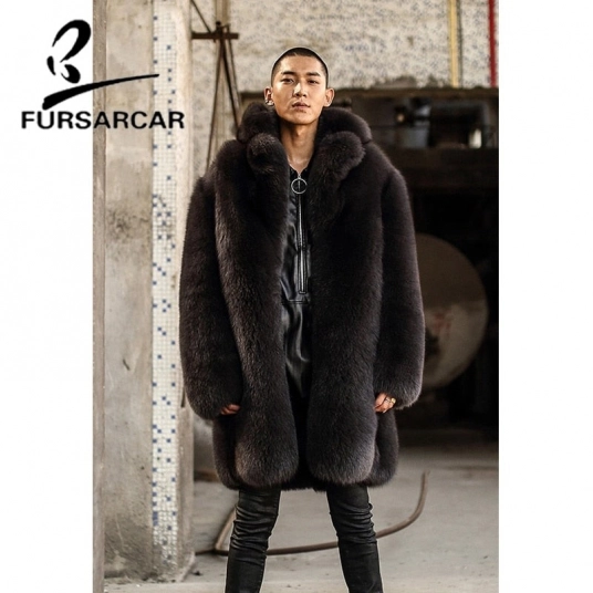 FURSARCAR Man Real Fur Coat With TurnDown Fur Collar 85 Cm Long Winter Natural Fox Fur Jacket Luxury Fox Fur Coat For Man