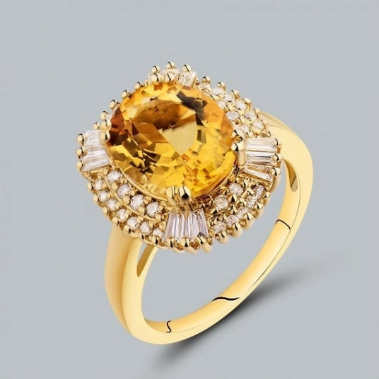 Oval 9x11mm 14kt Yellow Gold Diamond Yellow Natural Citrine Ring, Baguette Diamond Ring For Women SR0002