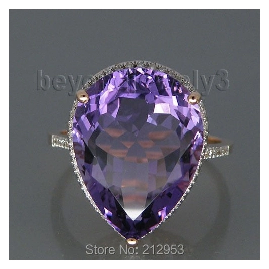 LANMI Vintage Pear 15x20mm 13.20Ct Solid 14Kt Rose Gold Purple Amethyst Engagement Wedding Ring