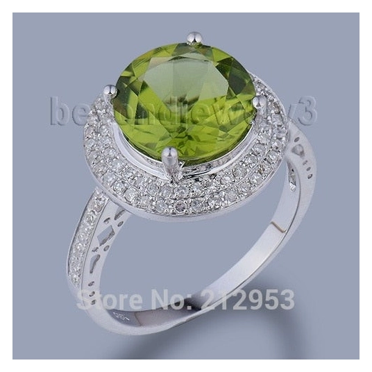 Natural Ring Green Peridot Engagement Round 10x10mm Solid 14kt White Gold WR15