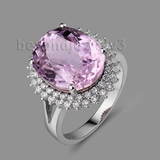 New 18Kt White Gold Diam Pink Kunzite Ring Romantic Engagement Ring Oval 9x13mm WU225