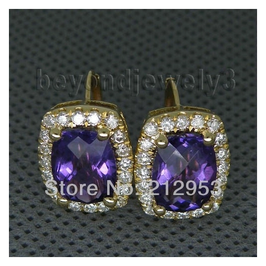 Fine Jewelry  Vintage Cushion 7x10mm 14Kt Yellow Gold  Amethyst Earrings for Women SE0065