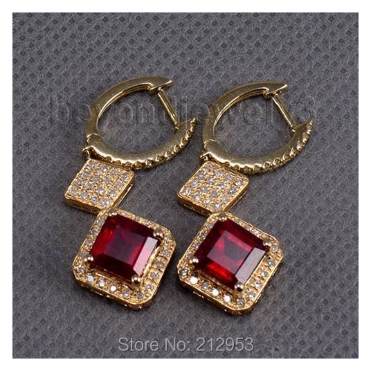 Natural Ruby Earrings, Real Gold Diamond Earring,14k Yellow Gold Diamond Drop Earrings For Women