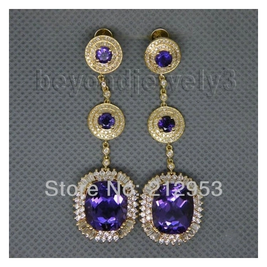 New 18Kt Yellow Gold With Brilliant Dia Natural  Purple Amethyst Romantic Fashion Earrings E00148A