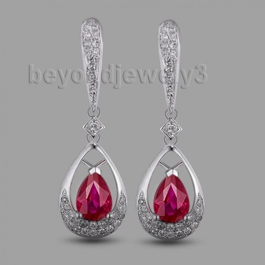 Fine Jewelry Pear 5x7mm Diamond Ruby Earrings 14k White Gold Diamond Earrings In Drops WE050