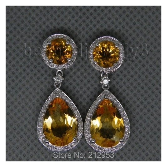 New Vintage Round 7mm Pear 9x14mm 14K White Gold Natural Citrine Engagement Earrings