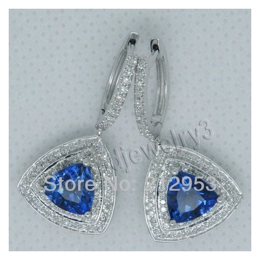 (Women's 18k White Gold Earrings) Jewelry Trillion 7mm Natural Tanzanite With Diamonds In 18Kt White Gold Earrings