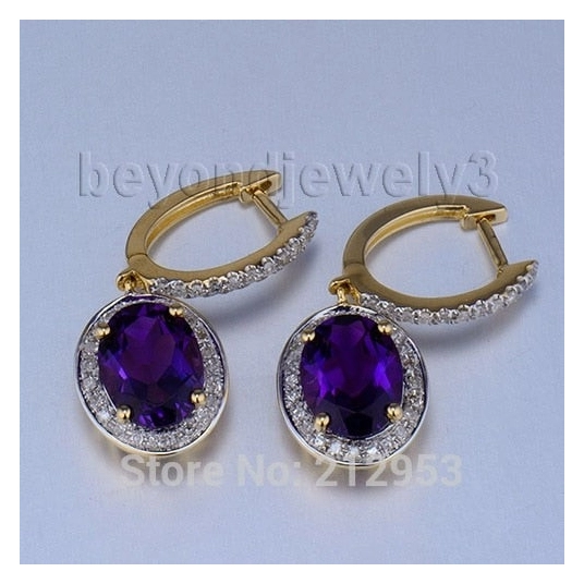 Vintage Oval 7x9mm Solid 14kt Yellow Gold Natural  Purple Amethyst Earrings E0002