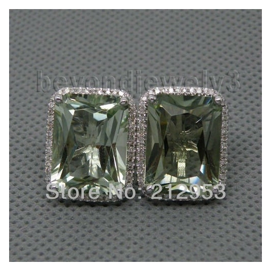 Hot Solid 14Kt White Gold Green Amethyst Stud Earrings For Women585 Gold Natural Amethyst Diamond Gemstone Stud Earring E0003