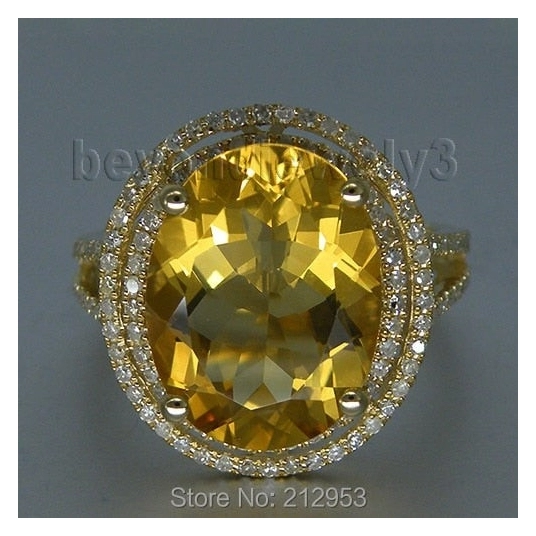 Oval 11x13mm Natural  Citrine Diamond Rings In Solid 14K 585 Yellow Gold Genuine Gemstone Engagement Ring With Big Stones 2T018