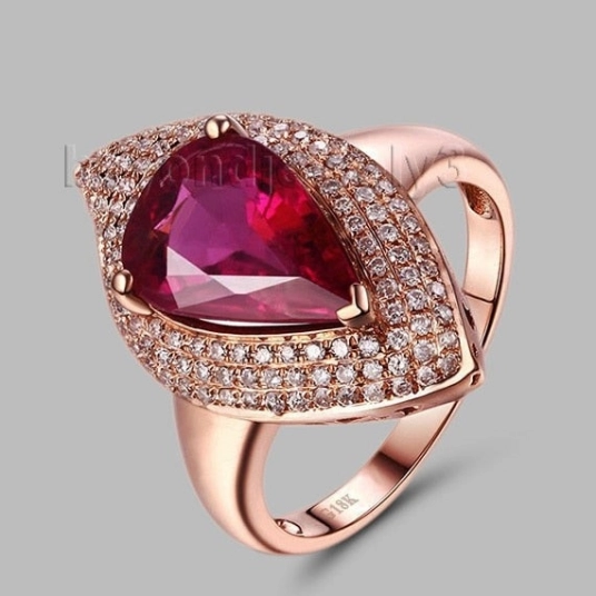 NEW UNIQUE!! Pear 9x12mm Tourmaline With Brilliant Dia In Solid 18kt Rose Gold Ring WU258