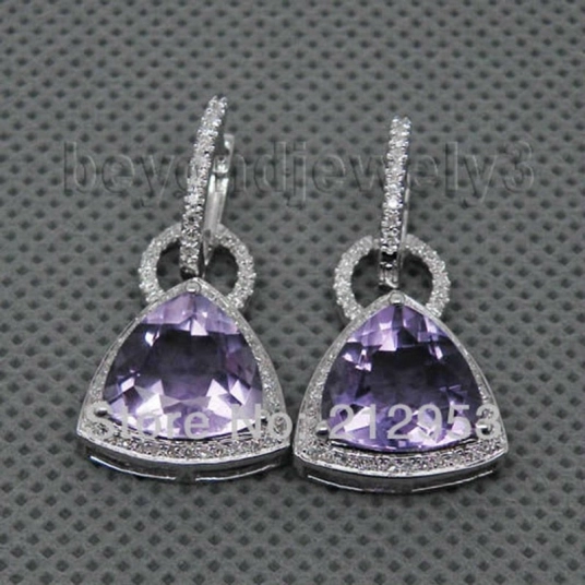 Trillion 11mm Genuine Natural Purple Amethyst Earrings In Drop Solid 14Kt 585 White Gold Diamond Drop Earrings For Women E00127