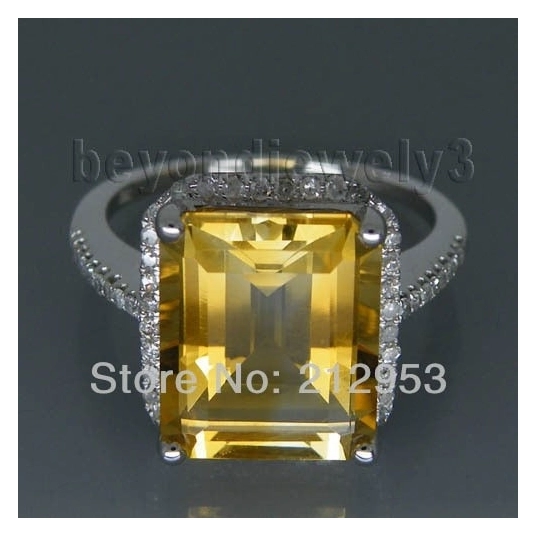 Vintage Emerald Cut 10x12mm Yellow Natural Citrine Diamond Engagement Ring 14k White Gold Genuine Gemstone Ring For Sale R0014