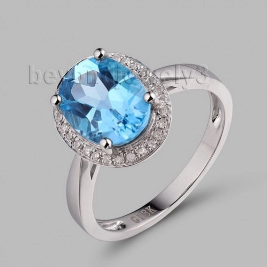 Oval 7x9mm Solid 18Kt White Gold Natural Topaz Dia Romantic Engagement Ring SR0041