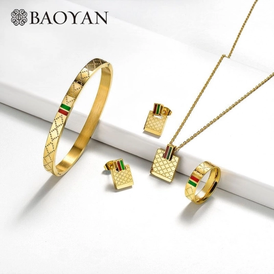 BAOYAN luxury brand designer gold imitation womens 316L stainless steel jewelry set for women woman men ring earrings necklace