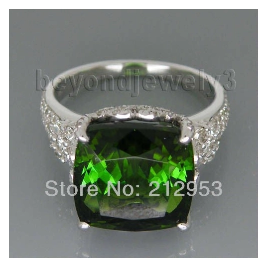 Vintage Cushion 11mm Solid 14K White Gold Green Tourmaline Luxury Gemstone Jewelry for Mom