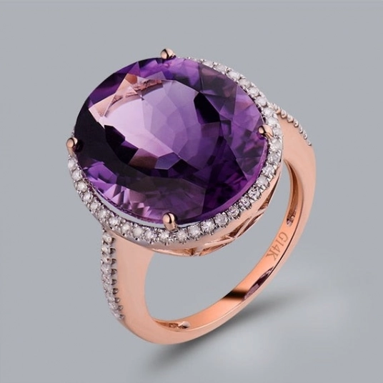 Purple Amethyst Gemstone Ring Natural Diamond 14K Rose Gold Oval Cut 15x18mm R0014