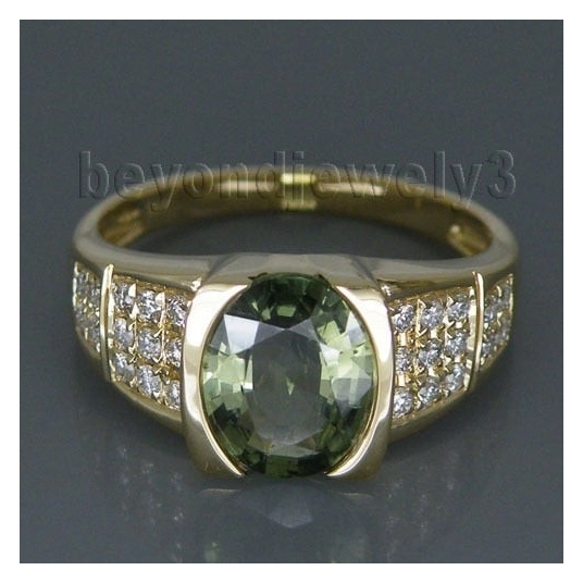Lovely Vintage 14Kt Yellow Gold Natural Diamond Green Sapphire Ring Oval 7x9mm For Sale WU104