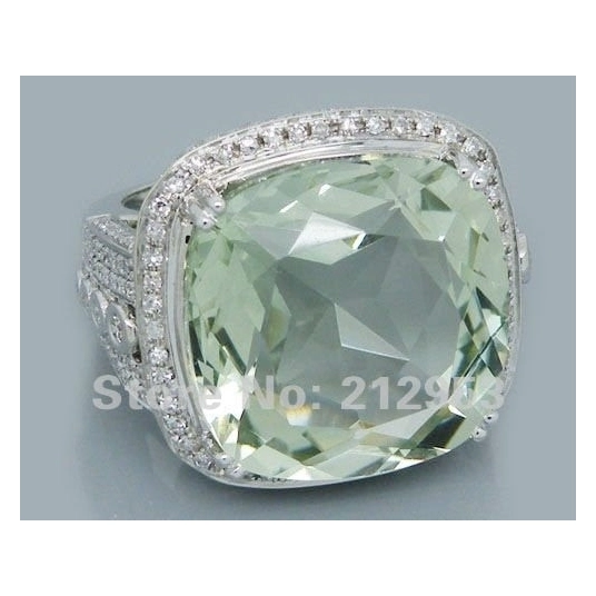 Vintage Cushion 18mm Solid 14Kt White Gold 25.42Ct  Engagement Green Amethyst Wedding Ring