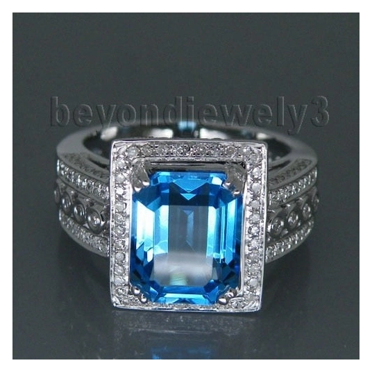 LANMI Solid 14kt White Gold Blue Topaz Diamond Ring Vintage Emerald Cut 8x10mm Jewelry