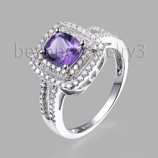 LANMI Genuine Natural Amethyst Engagement Ring Purple Amethyst Diamonds In 14kt White Gold Gemstone Rings For Women