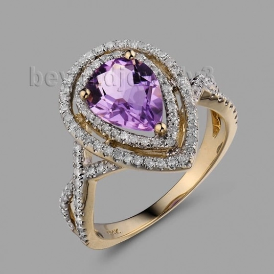 Pear 7x9mm Purple Amethyst Dia 14Kt Yellow Gold  Fantastic Engagement Wed Ring SR007