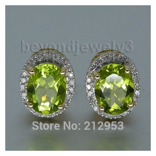 Vintage Earings 14k Gold Diamond Peridot Stud Earrings For Women, Natural Gemstone Earring E0053