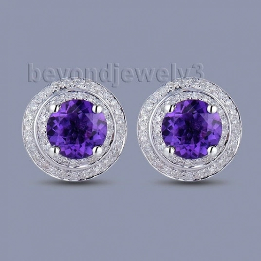 Fantastic Gorgeous Round 7mm Solid 14Kt White Gold  Amethyst Wedding Earrings ER002