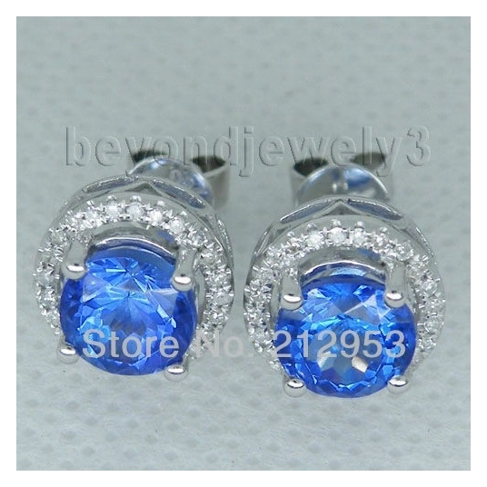 Tanzanite Diamond Earrings Vintage Round 7mm AAA Tanzanite Stud Earring, 18k Gold Diamond Earrings Hot Sale E0053