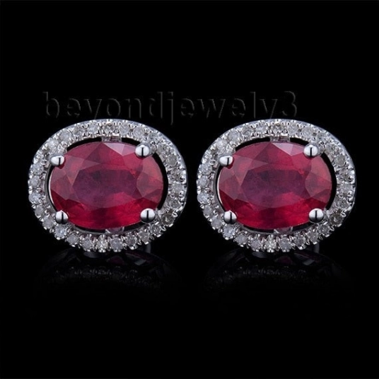 14Kt White Gold Diamond Earrings, Ruby Stud Earrings Fine Jewelry, Natural Ruby Earrings For Women E003