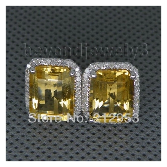 Vintage Emerald Cut 8x10mm 14Kt White Gold Yellow Citrine Earrings, Diamond Citrine Earring For Sale E0003