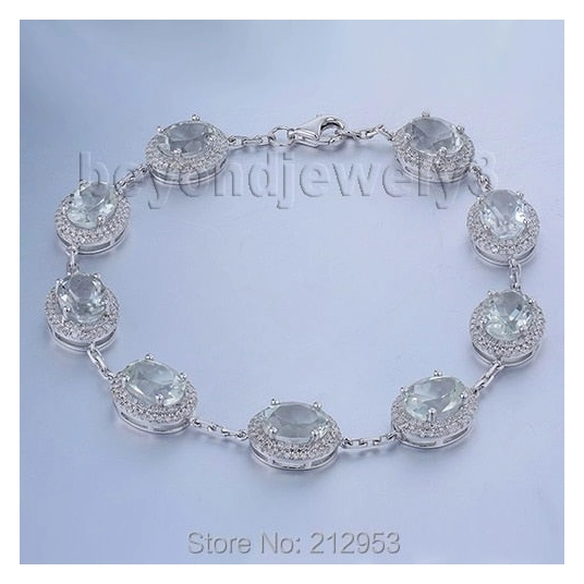 Vintage Real Diamond Oval 6x8mm 14kt White Gold Natural Green Amethyst Bracelet , Gemstone Bracelet Jewelry