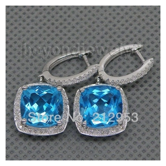 New Vintage Cushion 10x10mm 14Kt White Gold Topaz Blue Earrings For Female E0006
