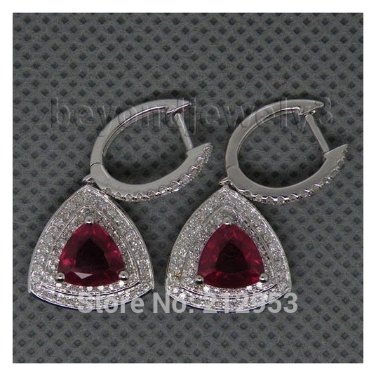 Trillion 6mm Diamond Ruby Earrings, 14k White Gold Real Diamond Drop Earrrings For Women, Diamond Ruby Jewelry ESR005