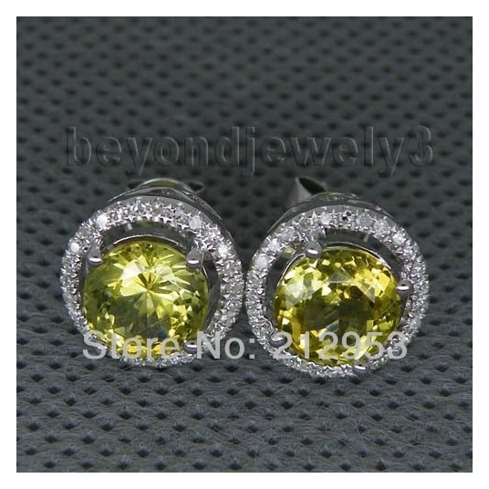 Fine Jewelry Round 7mm Natural  Peridot Gold Earrings Solid 14Kt White Gold Diamond Earrings For Women WE004