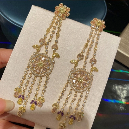 2021 New For Women Earrings High Quality Color Zircon Flower Tassel Pendant Retro Hollow Luxury Jewelry Korean Gift Wedding