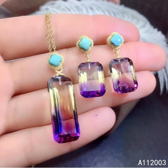 KJJEAXCMY Fine Jewelry 925 sterling silver inlaid Ametrine female gemstone earring pendant set luxury
