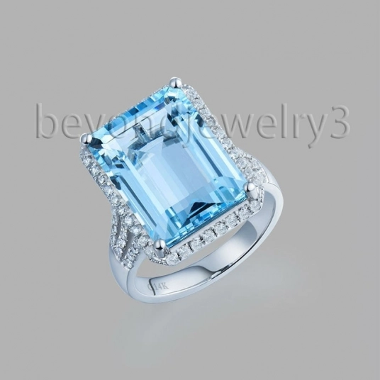Genuine Natural Blue Topaz Rings For Women 18k White Gold 0.57ct Full Cut Diamond Natural Blue Topaz Jewellery R00322