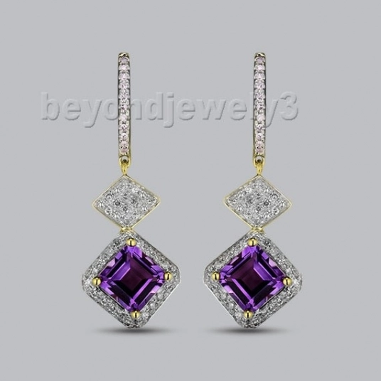 Princess Cut 7mm Amethyst With Dia In Solid 14Kt Yellow Gold Romantic Earrings ESR012