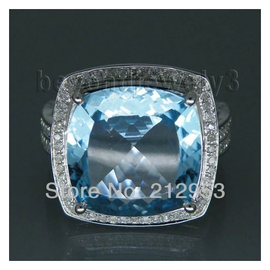Vintage Cushion 14mm Solid 14Kt White Gold  Blue Topaz Ring Genuine Stone Fine Jewelry Gift WU022