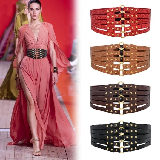 (Women's Belts) Metal Buckle Women Belts PU Leather Wide Waist Belts Elastic Ladies Dress Belts Body Corset Waistband