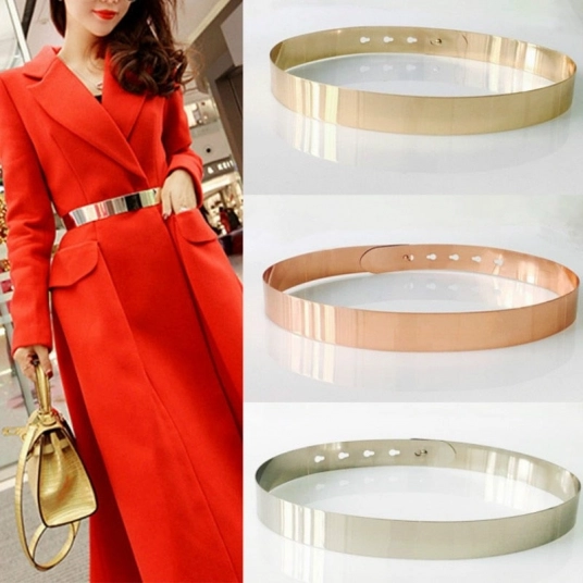 (Women's Belts) Fashion Women Adjustable Metal Designer Belt Bling Vintage Ladies Dress Simple Belts Luxury Mirror Waistband