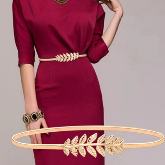 (Womens Belts) Luxury Flower Leaves Metal Buckle Belt Ladies Elastic Waist Chain Belts Female Gold Thin Decorative Waistband fo