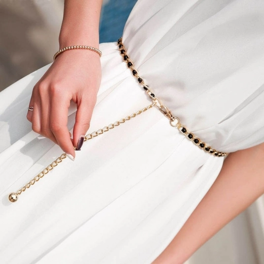 (Women's Belts) Fashion Elegant Ladies Metal Adjustable Thin Ladies Waist Chain Women Strap Dress Belt Pearl Decorative