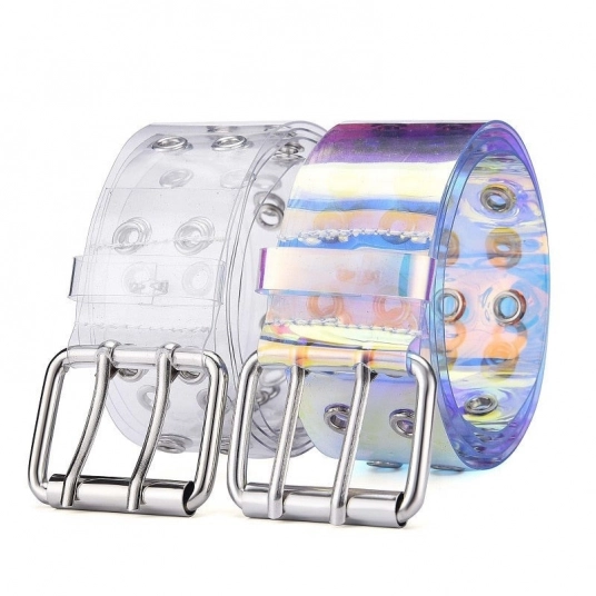 (Womens Belts) Two Row PVC Clear Belt Ins For Women Fashion Pin Buckle Waistband Female Waist Trousers Laser Belts Ladies Jeans