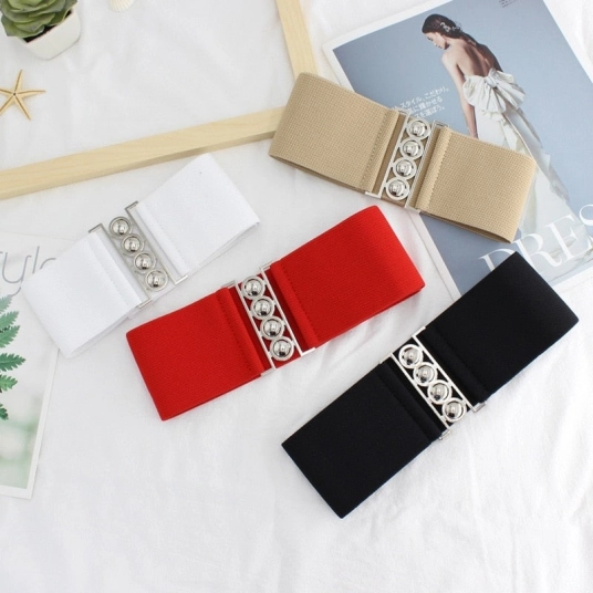 (Womens Belts) Fashion Womens Retro Width Belt Metal Elastic Waistband Stretch Buckle for Women Dress Accessories Girls Waistba