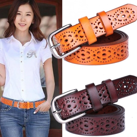 (Womens Belts) Wide Genuine Leather Belt Women Without Drilling Luxury Jeans Belts Female Top Quality Straps Hollow Ceinture Fe