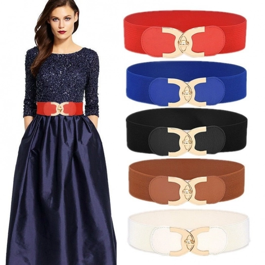 (Women's Belts) Elastic Waistband Button Decoration Wide Belt Ladies Belt Alloy Buckle Belt Dress